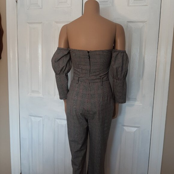 GUESS "Alexa" Grey Plaid Belted Bustier Puff Sleeve Jumpsuit - Size 0 - Picture 4 of 12